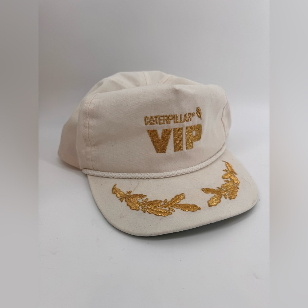 Vintage Trucker Hat Cap Gold Embroidered USA Captain 80s 90s CAT Caterpillar VIP